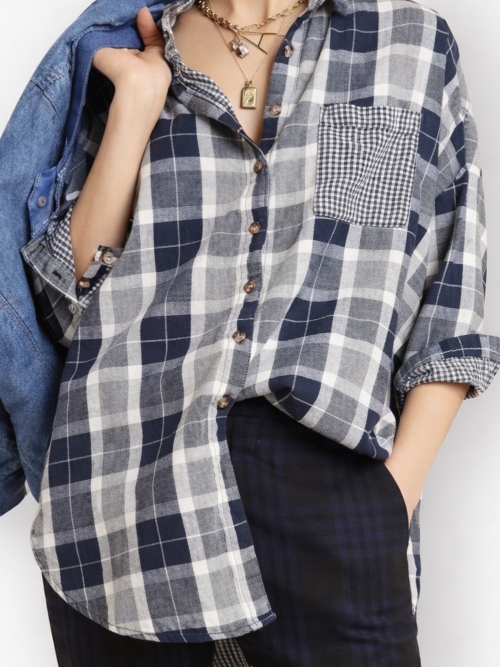 Anthropologie Pilcro Oversized Mixed Plaid & Gingham Button Down Shirt - XS/S